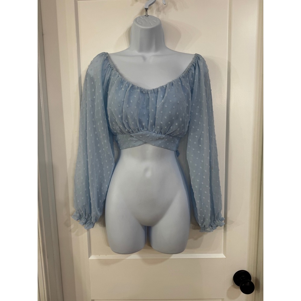 Vintage Shop Light Blue Swiss Dot Off The Shoulder Tie Back Crop Top Medium